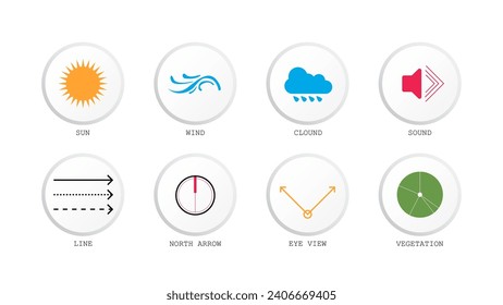 architecture site analysis symbol icon element drawing graphic flat isolated vector. architecture element line sun wind sound sun path vegetation.