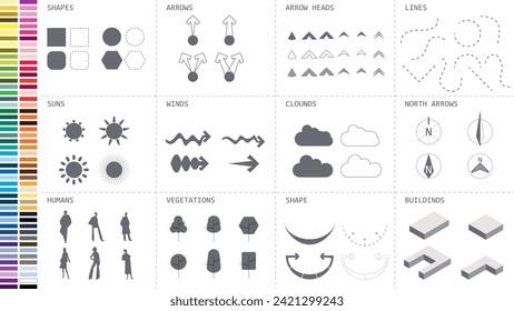 Symbol für die Analyse der Architektur Symbol-Symbol-Zeichnung Grafik einzelne Vektorgrafik. Architektur Element Linie Sonne Wind Klang Sonne Pfad Vegetation.