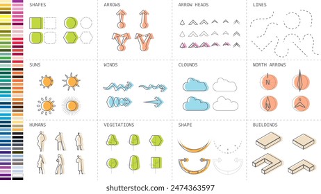 architecture site analysis symbol icon element drawing graphic flat isolated vector. architecture element line sun wind sound sun path vegetation.