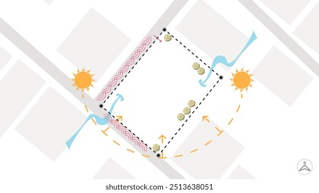 architecture site analysis symbol icon element drawing graphic flat isolated vector. architecture element line sun wind sound sun path vegetation.