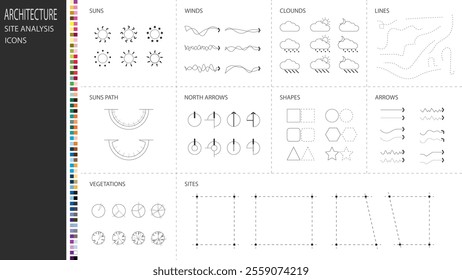 architecture site analysis symbol icon element drawing graphic flat isolated vector. architecture element line sun wind sound sun path vegetation.