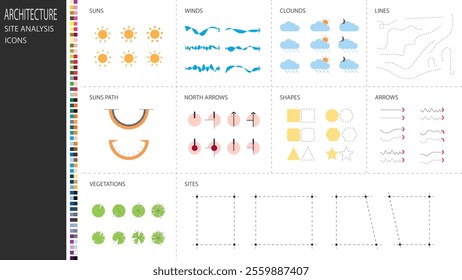 architecture site analysis symbol icon element drawing graphic flat isolated vector. architecture element line sun wind sound sun path vegetation.