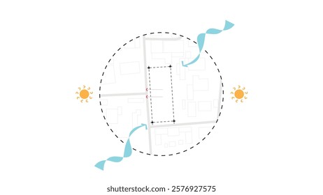 architecture site analysis symbol icon element drawing graphic flat isolated vector. architecture element line sun wind sound sun path vegetation.