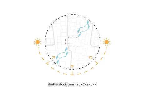 architecture site analysis symbol icon element drawing graphic flat isolated vector. architecture element line sun wind sound sun path vegetation.