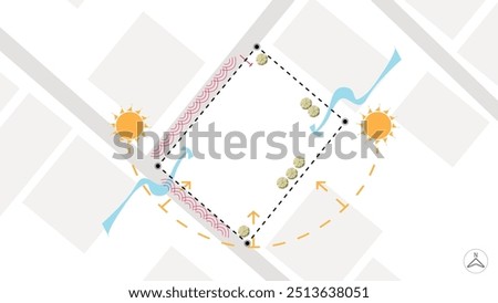 architecture site analysis symbol icon element drawing graphic flat isolated vector. architecture element line sun wind sound sun path vegetation.