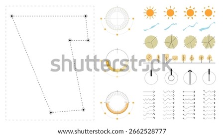 architecture site analysis symbol icon element drawing graphic flat isolated vector. architecture element line sun wind sound sun path vegetation.