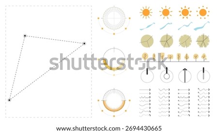 architecture site analysis symbol icon element drawing graphic flat isolated vector. architecture element line sun wind sound sun path vegetation.