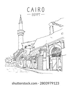 Architecture sketch black and white Cairo street, Egypt, Africa,  minaret mosque Islamic architecture, urban landscape graphic illustration, traditional buildings arched windows doors, narrow street old district  with shops or houses Cairo Egypt, line drawing urban scene, architectural details Middle Eastern style, sketch graphic Cairo alleyway. Sketchy line art drawing with a pen on paper. Vector