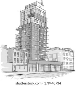 Architecture. Sketch. Drawing of building.City