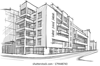 Architecture. Sketch. Drawing of building.City