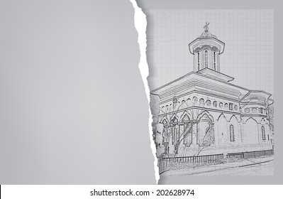 Architecture. Sketch. Drawing of orthodox church.City. Space for text (EPS10 Vector)