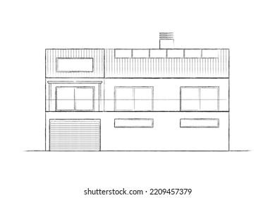 Architecture sketch Front view of a facade house building. Architectural plan of a Modern house. Vector illustration
