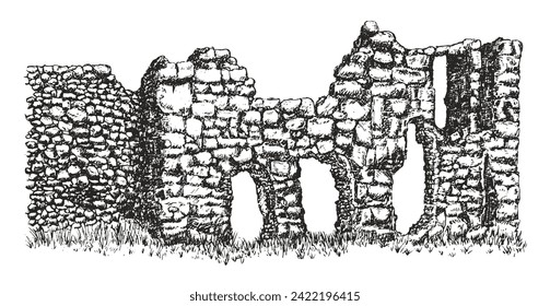 Architecture sketch. Hand draw ruins old building or ancient castle isolated on white background. Vector illustration in monochrome vintage style.