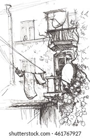 Architecture sketch. Hand drawn vector illustration. Doodle drawing. Architecture elements,