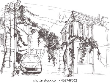Architecture sketch. Hand drawn vector illustration. Doodle drawing. Architecture elements,