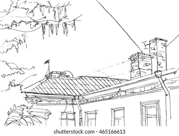 Architecture sketch. Hand drawn vector illustration. Doodle drawing. Architecture elements,