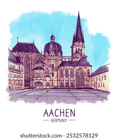 Ilustração de esboço de arquitetura de Aachener Dom. Paisagem urbana colorida da Catedral de Aachen, Alemanha. Desenho digital à mão livre, aquarela. Cartão postal de viagem desenhado à mão. Faixa, cartaz. Vetor