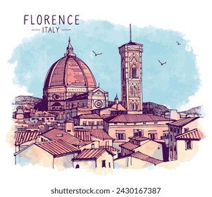 Architecture sketch illustration of the Cathedral of Santa Maria del Fiore in Florence, Italy. Landscape colorful drawing with a pen on paper and watercolor texture. Digital Drawing of the old town. svg