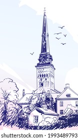 Architecture sketch illustration, Cathedral in Vasteras, Sweden. Hand drawn travel postcard