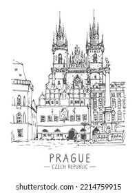 Dibujo de arquitectura ilustración de la Iglesia de Nuestra Señora antes de Tyn, Praga, República Checa, Europa. Dibujar el paisaje urbano en blanco y negro. Esbozo de viajes. Postal de viaje dibujada a mano. Vector.