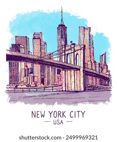 Ilustración de boceto de arquitectura. Boceto de la Nueva York, EE.UU. Dibujo a mano alzada del puente de Brooklyn y los rascacielos. Paisaje colorido de la gran ciudad del centro. Dibujo digital de acuarela de la calle. Vector