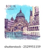 Architecture sketch illustration of the old church Berliner Dom, Germany. An urban colorful landscape of Berlin Cathedral.  Freehand digital drawing. Hand drawn travel postcard. Banner, poster. Vector