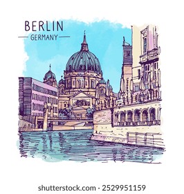 Ilustración de boceto de arquitectura de la antigua iglesia Berliner Dom, Alemania. Un paisaje urbano colorido de la Catedral de Berlín.  Dibujo digital a mano alzada. Tarjeta postal de viaje dibujada a mano. Anuncio, cartel. Vector