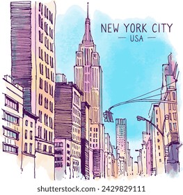 Ilustración de boceto de arquitectura. Boceto de viaje de Nueva York, EE.UU. Dibujo a mano alzada. Paisaje colorido gran ciudad centro. Dibujo digital de la calle. Rascacielos de la ciudad americana. Vector