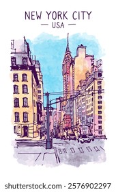 Architecture sketch illustration. Travel sketch of New York, USA.  Freehand drawing. Landscape colorful big city downtown. Watercolor Digital Drawing of the street. Skyscrapers American City. Vector