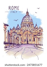 Architecture sketch illustration. An urban colorful landscape of Rome, Italy. Liner sketches architecture of Rome. Freehand digital drawing. Hand drawn travel postcard, banner, poster. Vector