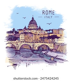 Architecture sketch illustration. An urban colorful landscape of Rome, Italy. Liner sketches architecture of Rome. Freehand digital drawing. Hand drawn travel postcard, banner, poster. Vector