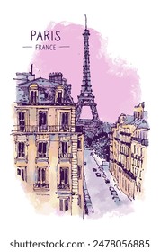 Ilustración de boceto de arquitectura. Un paisaje colorido urbano de la Torre Eiffel y una puesta de sol rosa, París, Francia. Dibujo digital a mano alzada. Postal de viaje dibujada a mano. Anuncio, diseño de póster. Vector