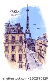 Architekturskizze. Eine urbane bunte Landschaft des Eiffelturms, blauer Himmel, Häuser, Paris, Frankreich. Freehand digitale Zeichnung. Handgezeichnete Reise-Postkarte. Banner, Plakatdesign. Vektorgrafik