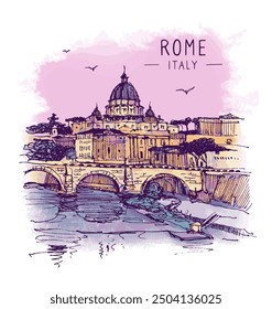 Architecture sketch illustration. An urban colorful landscape of Rome and a pink sunset in Italy. Freehand digital drawing of Rome. Hand drawn travel postcard. Banner, poster design. Vector