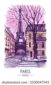 Ilustração do esboço da arquitetura. Uma paisagem urbana colorida da Torre Eiffel e um pôr do sol rosa, Paris, França, Europa. Desenho digital à mão livre. Cartão postal de viagem desenhado à mão. Banner, design de pôster.