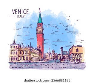 Architecture sketch illustration. An urban colorful landscape of The Doge's Palace facing the lagoon in Venice, Italy. Freehand digital drawing. Hand drawn travel postcard. Banner, poster. Vector