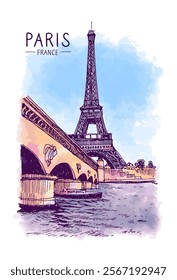 Architecture sketch illustration. An urban colorful landscape of Eiffel Tower and the river Seine, Paris, France, Europe. Freehand digital drawing. Hand drawn travel postcard. Banner, poster. Vector