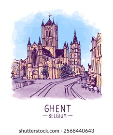 Architecture sketch illustration. An urban colorful landscape of Ghent, Belgium. Historical building line art. Freehand digital drawing. Hand drawn travel postcard of Ghent. Banner, poster. Vector