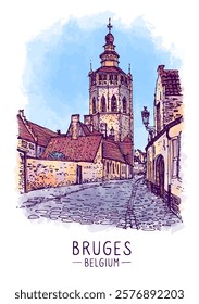 Architecture sketch. An urban colorful landscape of Jerusalem Church in Bruges, Belgium. Illustration of an old city, a stone road, a pavement. Hand drawn postcard. Digital drawing. Watercolor. Vector