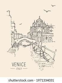 Architecture sketch vector illustration. Travel sketch of Italy Venice, Europe. Liner sketches architecture of Venice in retro style. Background colors kraft paper.