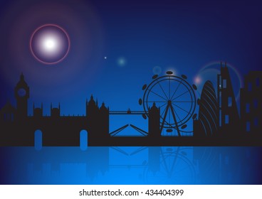 Architecture skyline of London by night, Silhouette skyline of london England ,Vector illustration