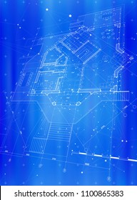 Design-Konzept für intelligente Architektur: Blueprint, modernes Haus-Plan und blauer Hintergrund - Vektorgrafik / EPS10