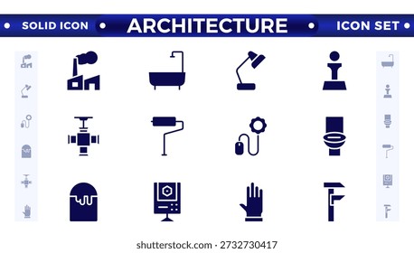 Coleção de ícones sólidos da arquitetura. Banco, templo, escritório, fábrica, loja, hotel, ícones do hospital. Ícone de IU definido. Apartamento interior blueprint. Construção de casas.
