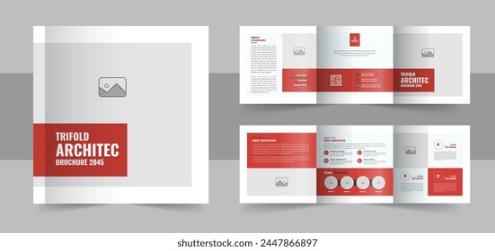 Diseño de Plantilla de folletos de tres pliegues cuadrados de arquitectura, Plantilla de folletos de tres pliegues cuadrados de construcción y renovación o de folletos de tres pliegues cuadrados corporativos