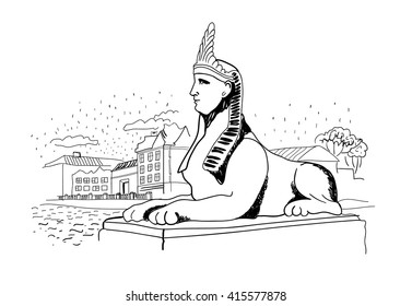 The architecture of St. Petersburg. Sphinx chimera on Egyptian Bridge over Fontanka River in Saint-Petersburg, Russia. Vector drawing on white paper beautiful background, view of the city with high.