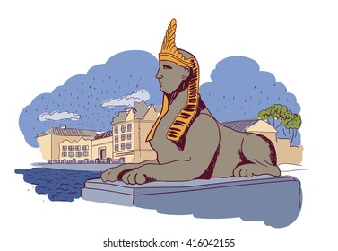 The architecture of St. Petersburg. Sphinx chimera on Egyptian Bridge over Fontanka River in Saint-Petersburg, Russia. Vector drawing on white paper beautiful background, view of the city with high.