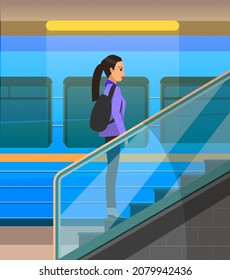 Architecture stair, lift and elevator in metro. Escalator, mobile ladder for transporting passengers. Transport vehicle with stairs and handrails. Woman move on automatic escalator in subway