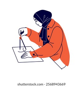 Architecture student does draft with drawing compass side view. Girl architect in hijab learning, studies. Muslim does homework on paper. Flat isolated contour vector illustration on white background