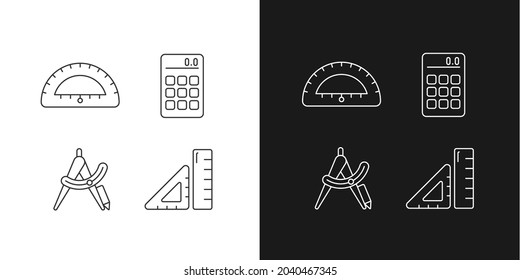 Architecture student tools linear icons set for dark and light mode. Drafting supplies. Calculator. Compass tool. Customizable thin line symbols. Isolated vector outline illustrations. Editable stroke