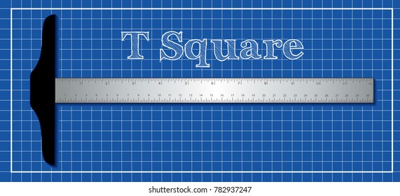 Architecture T Square for Engineers, Architects, Science and Math, inch and centimeter measure, vector illustration on blueprint background.